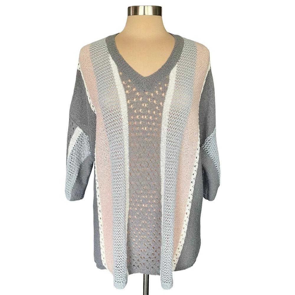Easel Open Weave Gray Pink Boxy Cut Sweater Sz M Vertical Stripes Beachy Casual